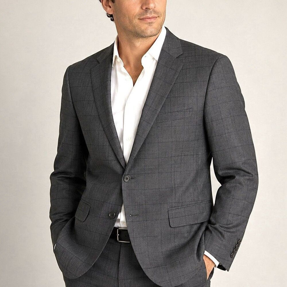 Jos A Bank Reserve 44R Silk Wool Sport Coat Gray Windowpane Blazer Jacket